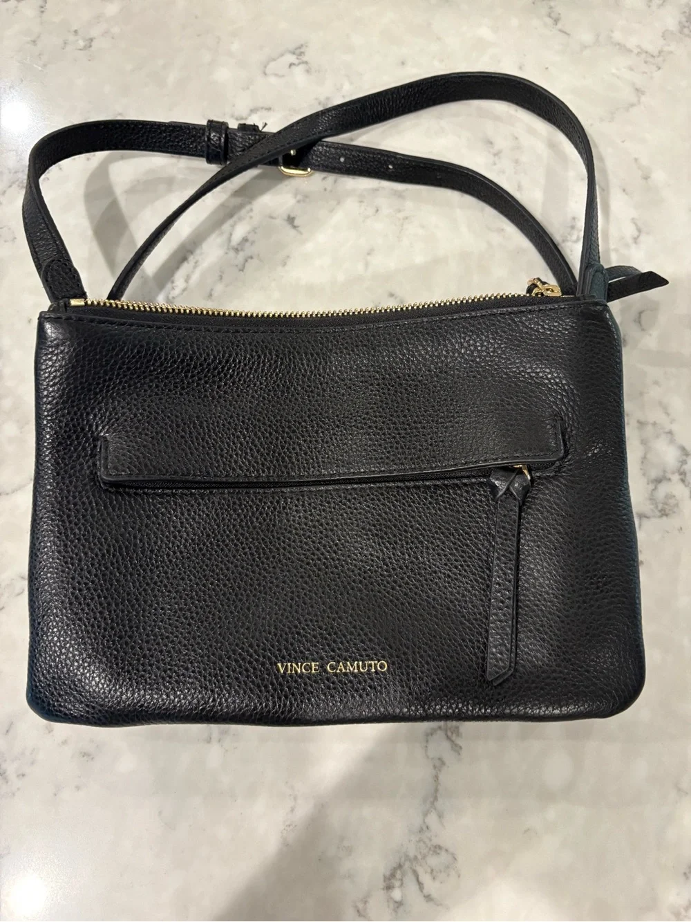 Vince Camuto Black Pebbled Leather Crossbody with Gold‎ Logo